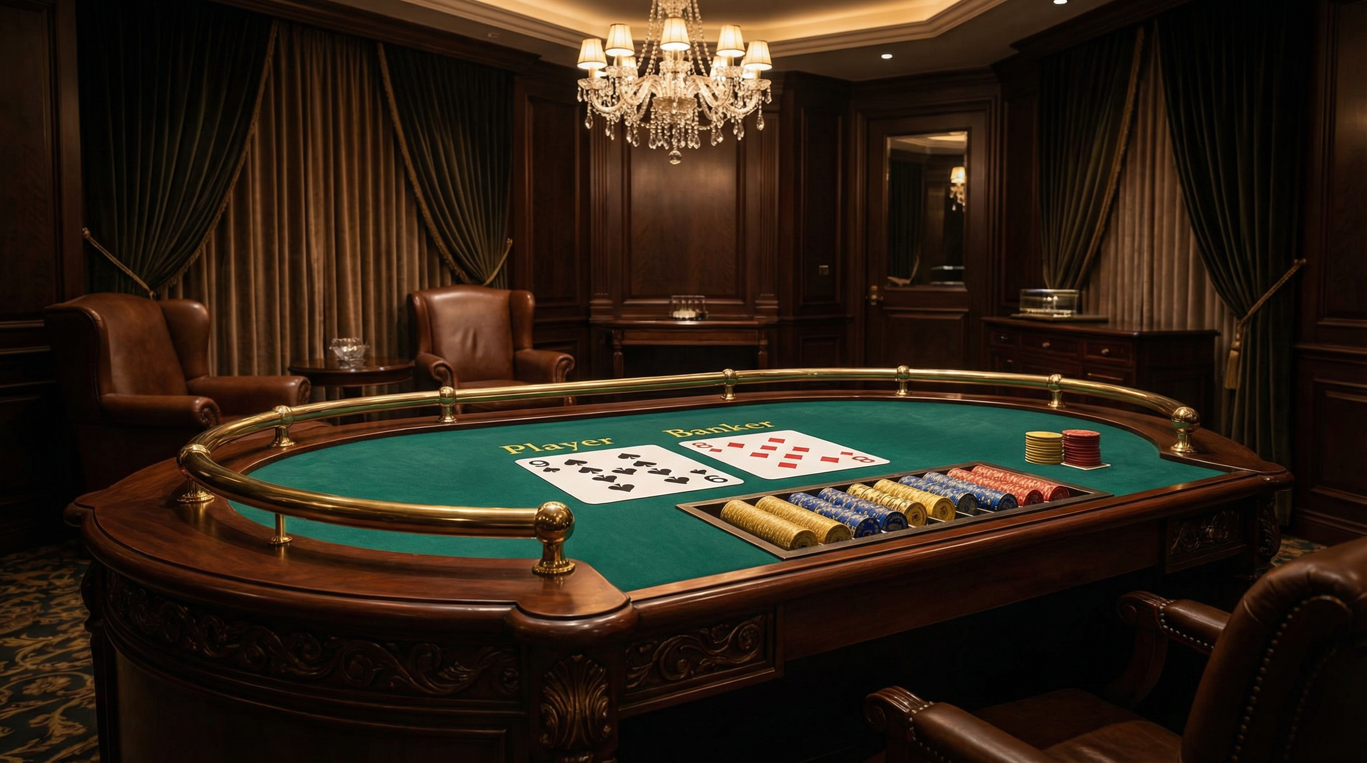 炸金花游戏百家乐VIP房间，展示真人荷官和游戏桌